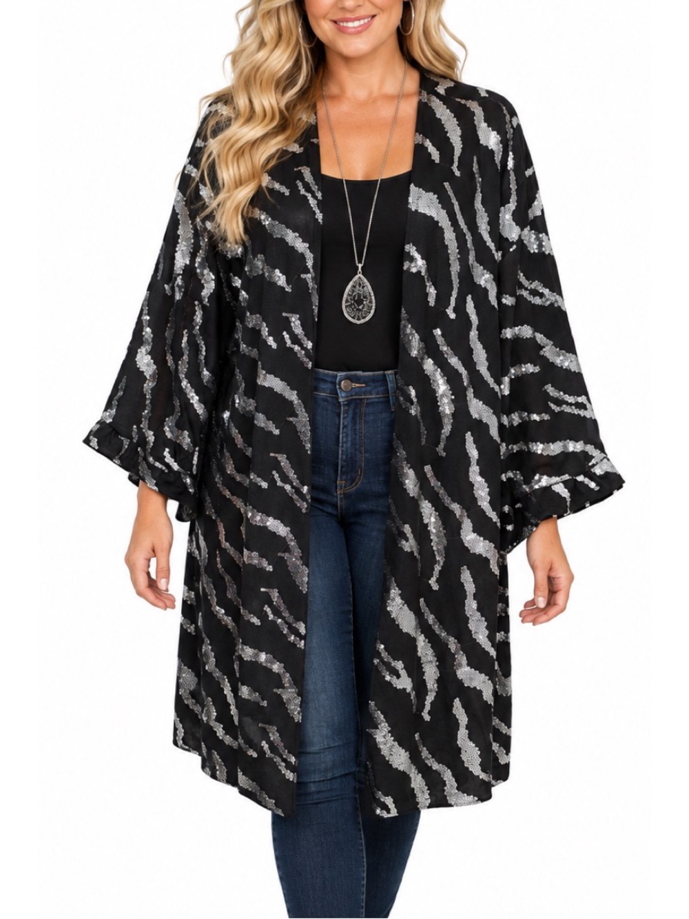 Honeyme Black & Silver Zebra Print Sequined Kimono Shawl- XL